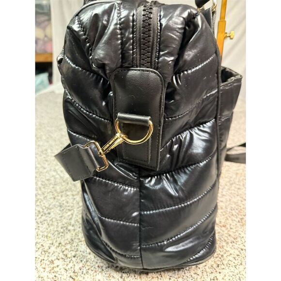 Steve Madden Black Metallic Puffer Weekender Duffel Bag Unisex Travel - Picture 6 of 12